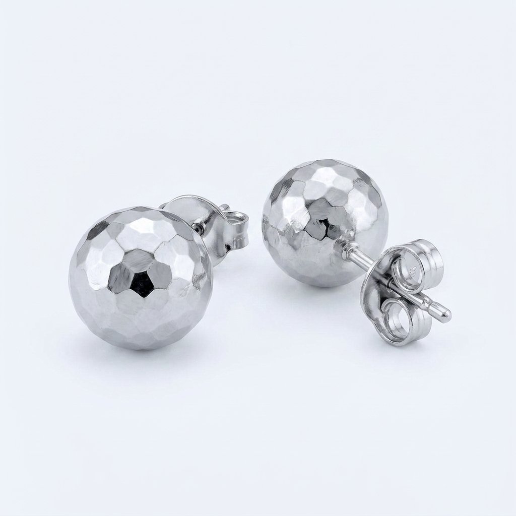 14 k White Gold Ball Earrings with Faceted Texture DestGlow