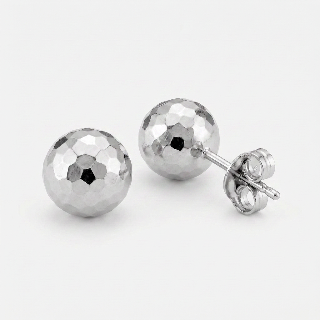 14 k White Gold Ball Earrings with Faceted Texture