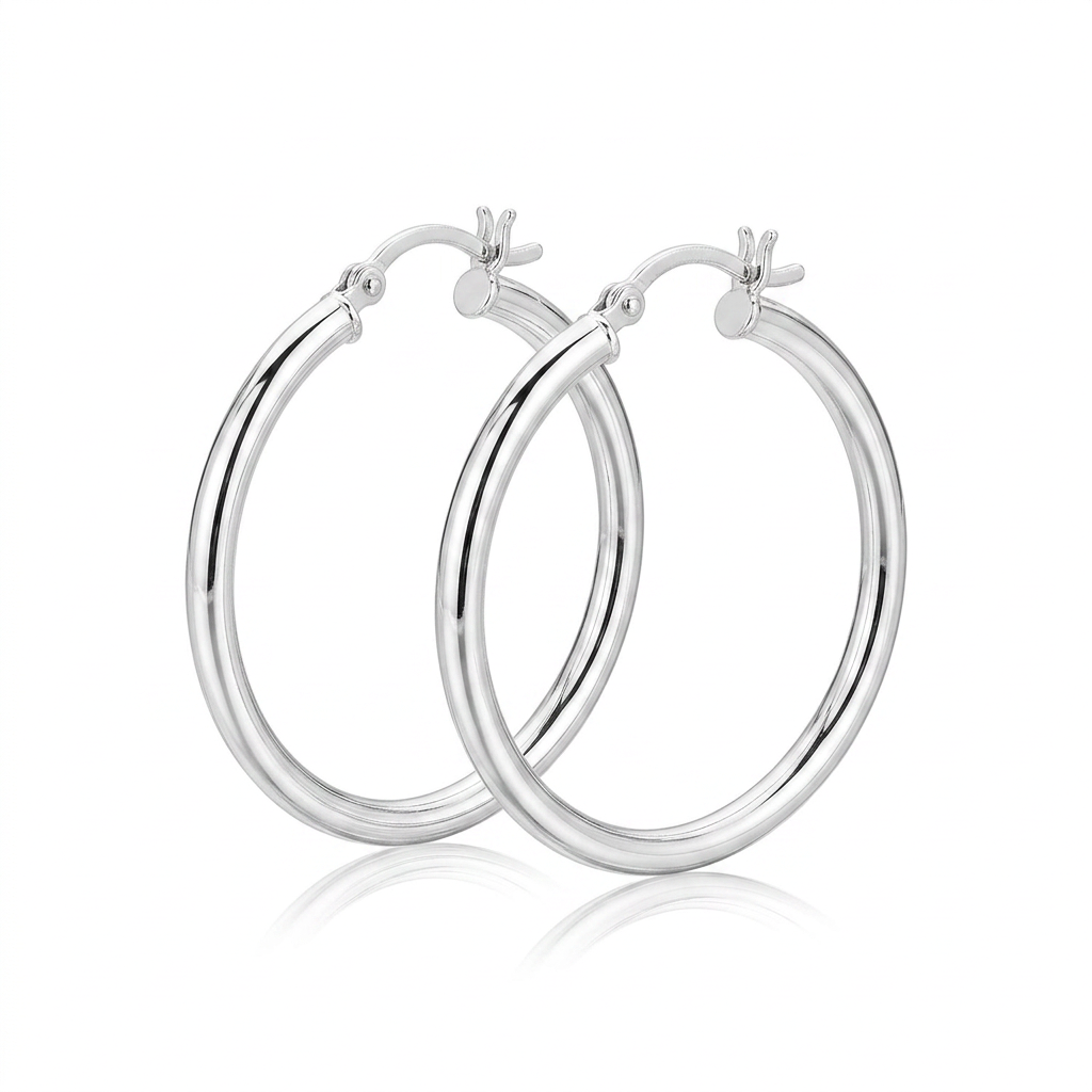 Sterling Silver Hoop Style Earrings with Polished Rhodium Plating (30mm) DestGlow