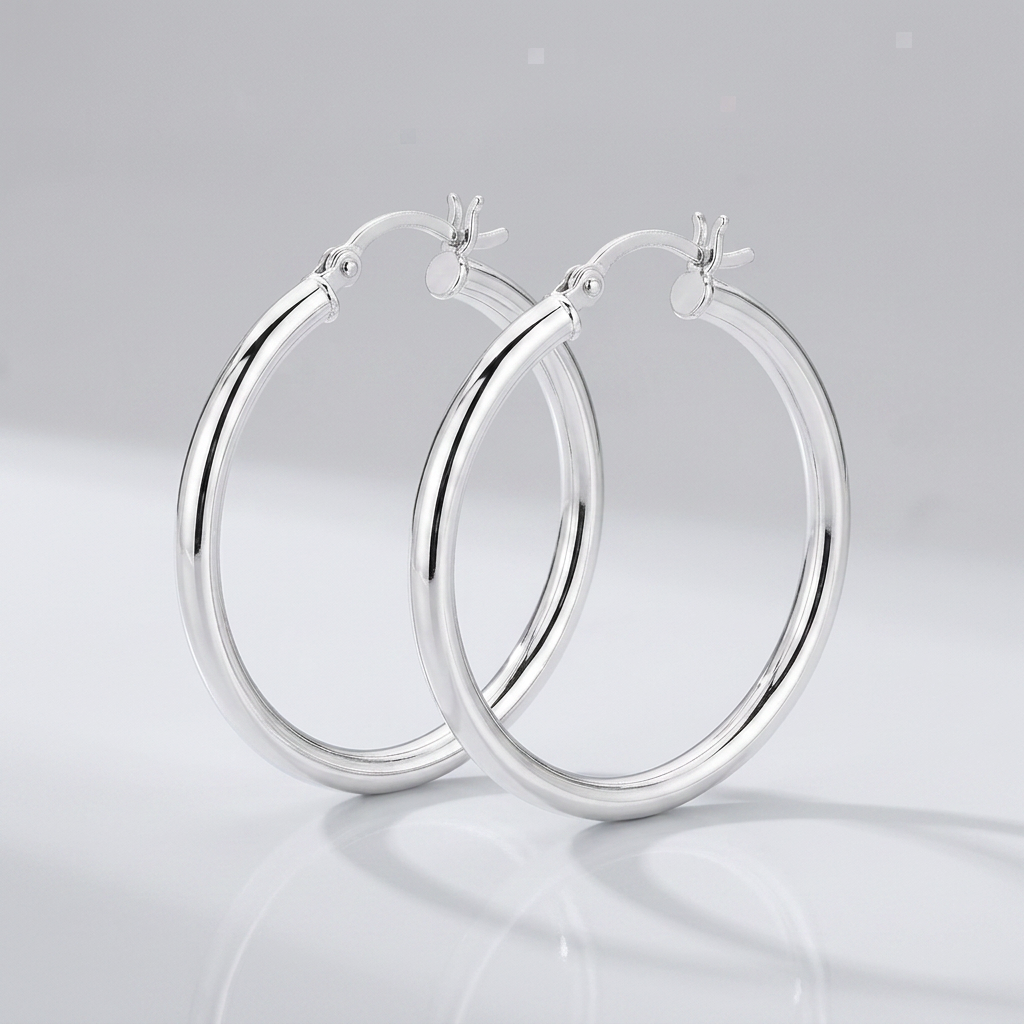 Sterling Silver Hoop Style Earrings with Polished Rhodium Plating (30mm)