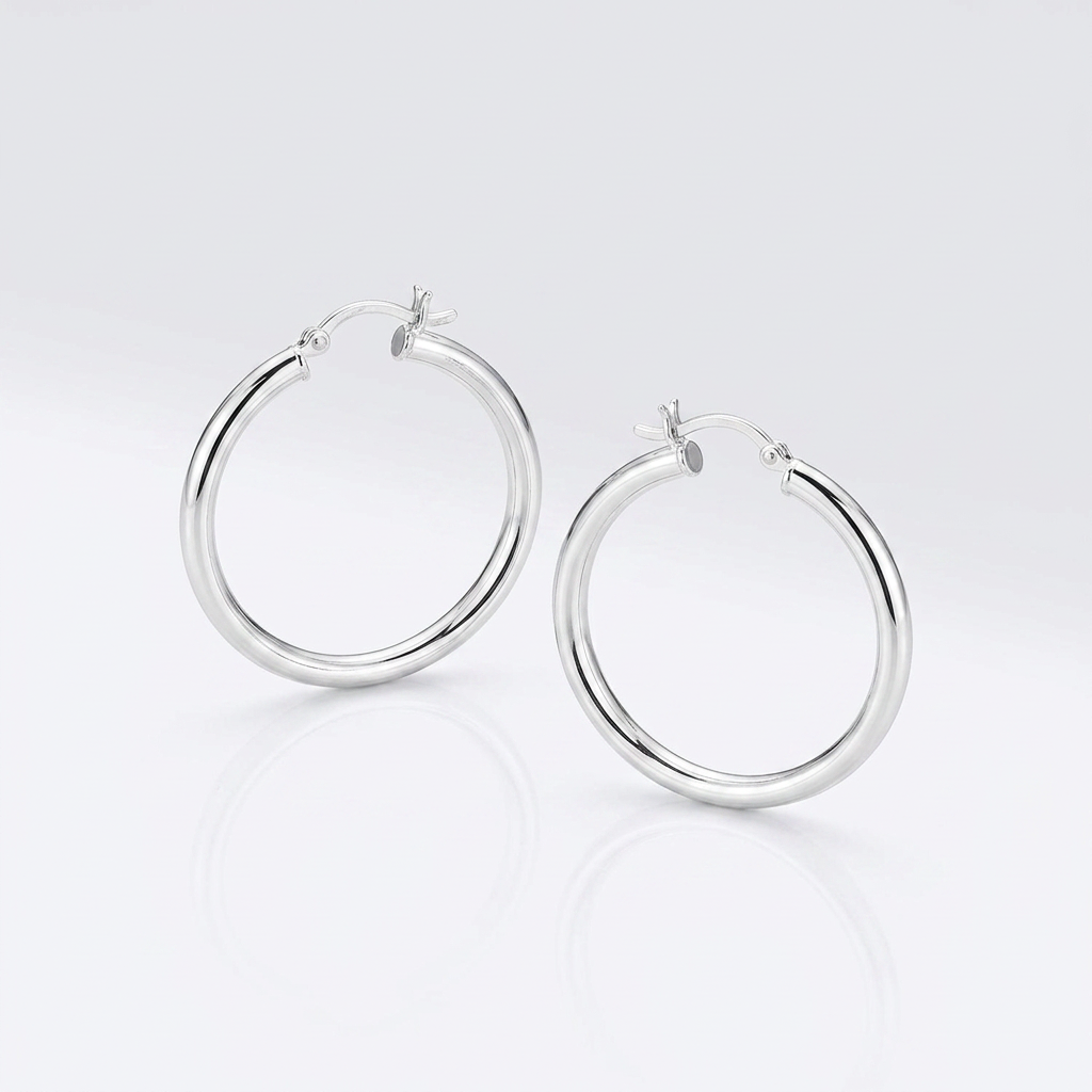 Sterling Silver Hoop Style Earrings with Polished Rhodium Plating (30mm) DestGlow
