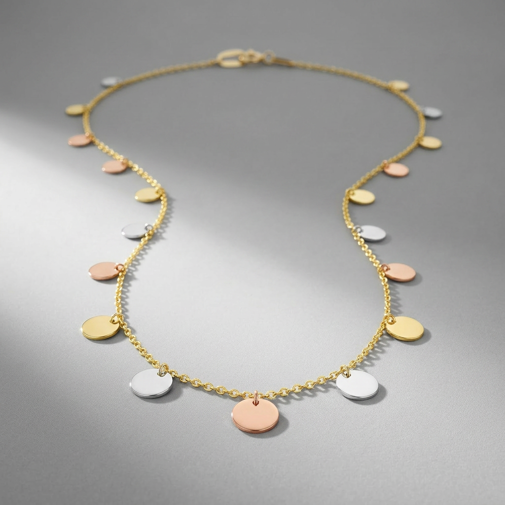 14K Tri Color Necklace with Dangling Circles DestGlow