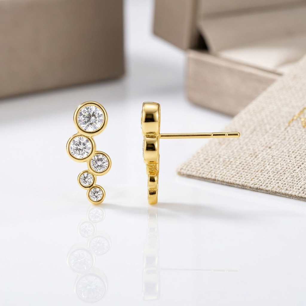 14k Yellow Gold Climber Post Earrings with Circles and Cubic Zirconias