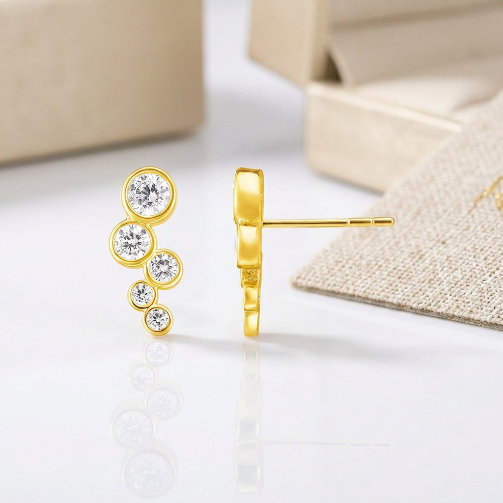 14k Yellow Gold Climber Post Earrings with Circles and Cubic Zirconias DestGlow