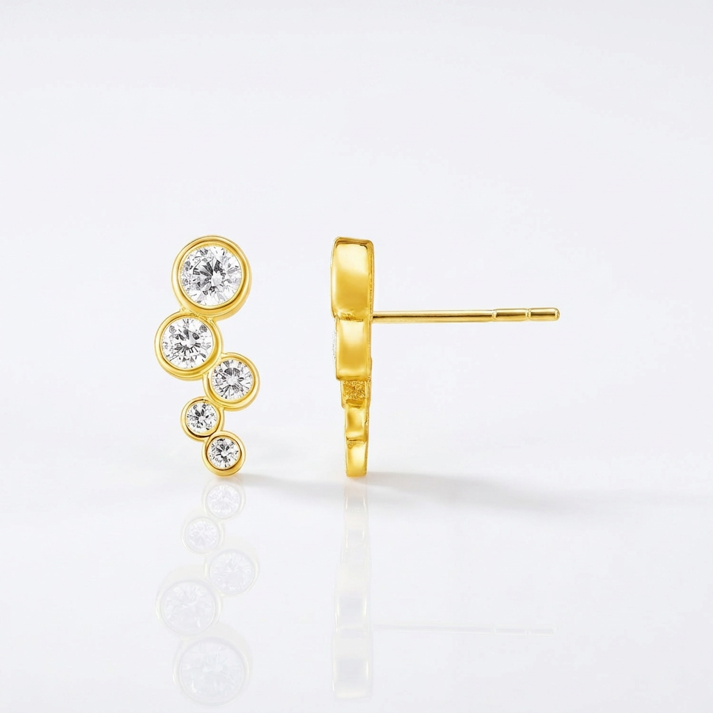 14k Yellow Gold Climber Post Earrings with Circles and Cubic Zirconias
