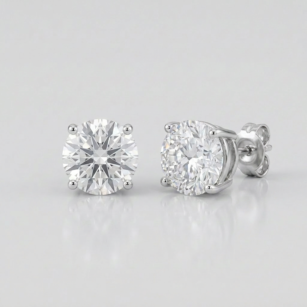 Sterling Silver Stud Earrings with White Hue Faceted Cubic Zirconia