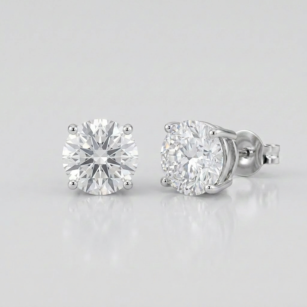 Sterling Silver Stud Earrings with White Hue Faceted Cubic Zirconia