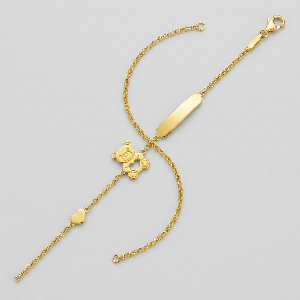 14k Yellow Gold Childrens Bracelet with Teddy Bear Heart and Bar DestGlow