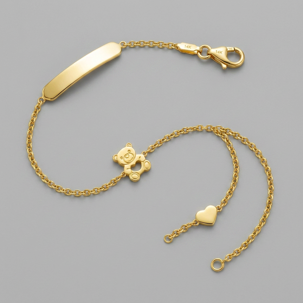 14k Yellow Gold Childrens Bracelet with Teddy Bear Heart and Bar