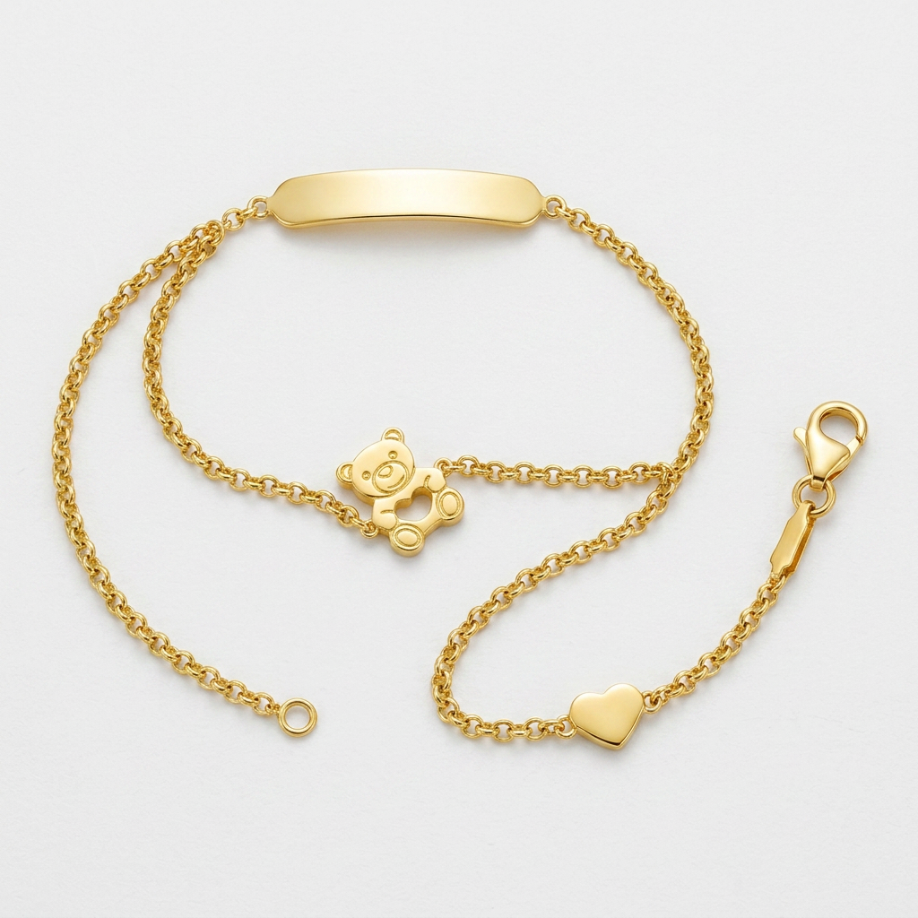 14k Yellow Gold Childrens Bracelet with Teddy Bear Heart and Bar DestGlow