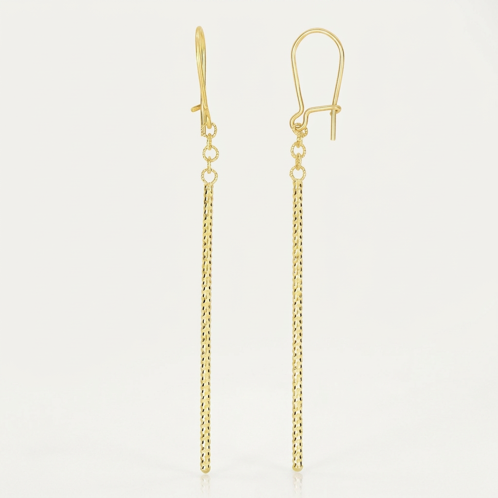 14k Yellow Gold Long Bar Diamond Cut Drop Earrings