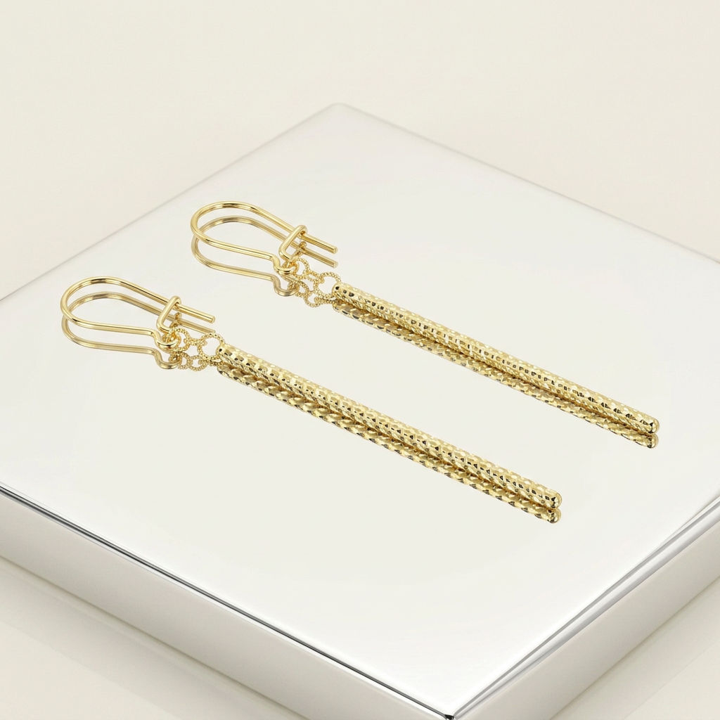 14k Yellow Gold Long Bar Diamond Cut Drop Earrings