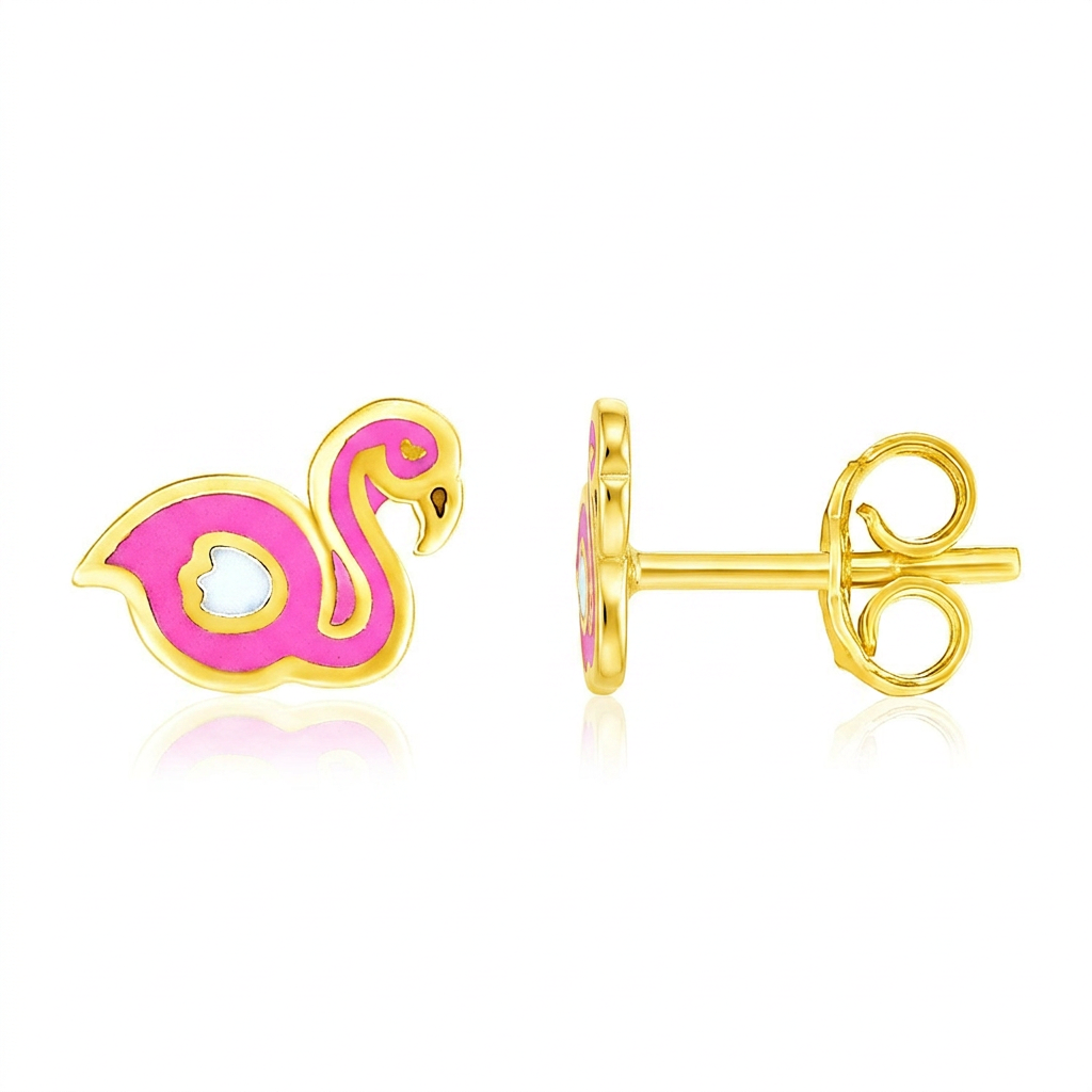 14k Yellow Gold Enameled Flamingo Childrens Earrings DestGlow