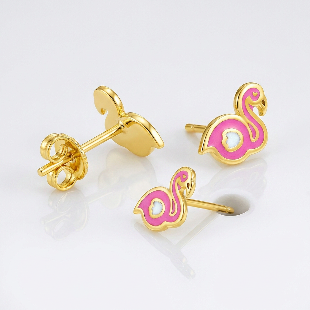 14k Yellow Gold Enameled Flamingo Childrens Earrings DestGlow