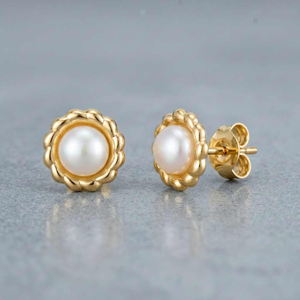 14k Yellow Gold Flower Stud Earrings with Pearls