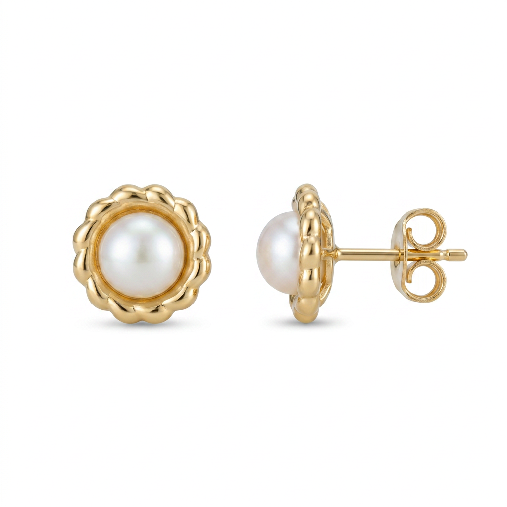14k Yellow Gold Flower Stud Earrings with Pearls DestGlow