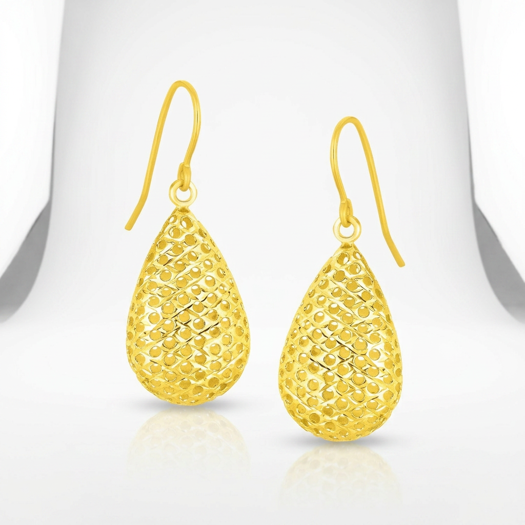 14k Yellow Gold Honeycomb Texture Large Teardrop Drop Earrings