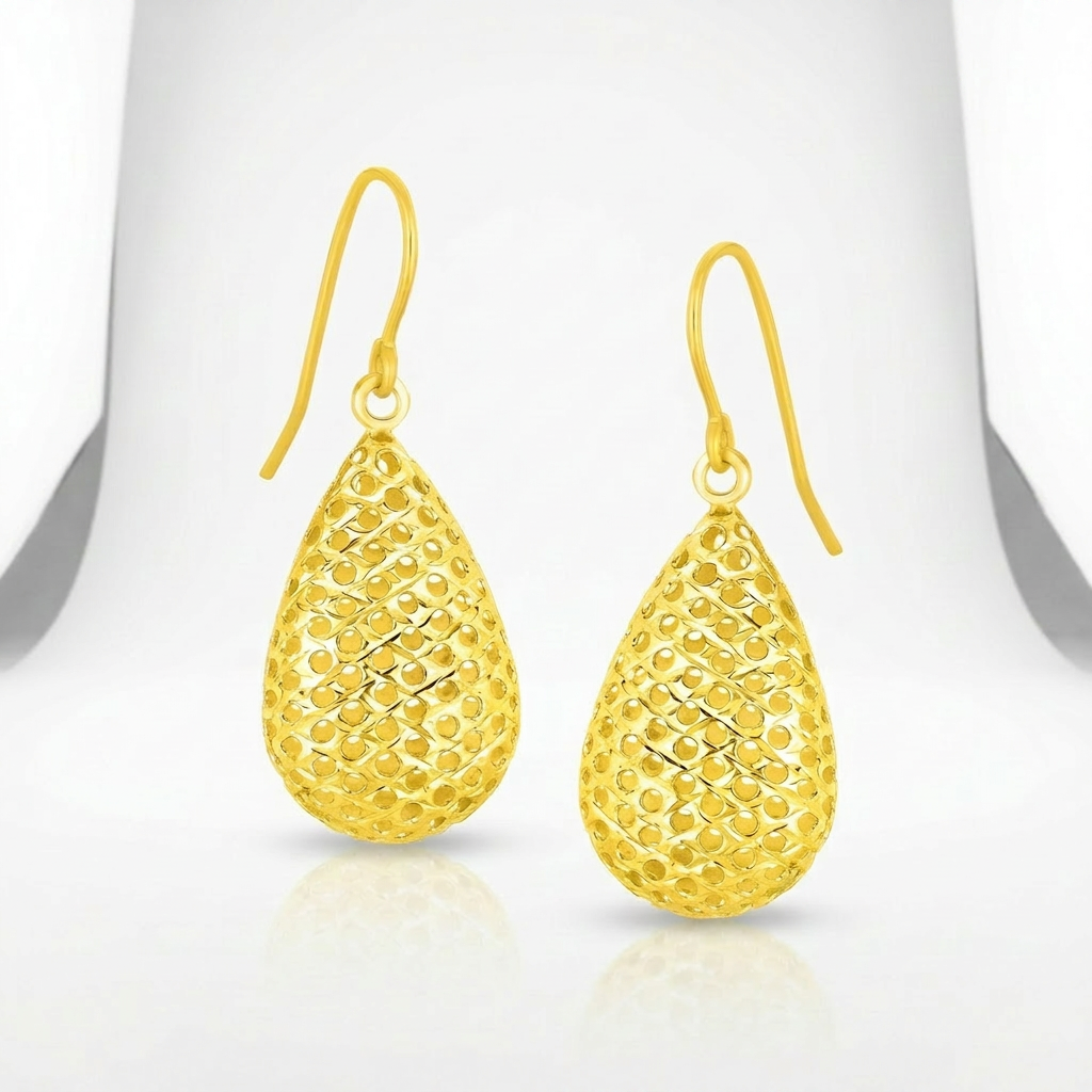 14k Yellow Gold Honeycomb Texture Large Teardrop Drop Earrings