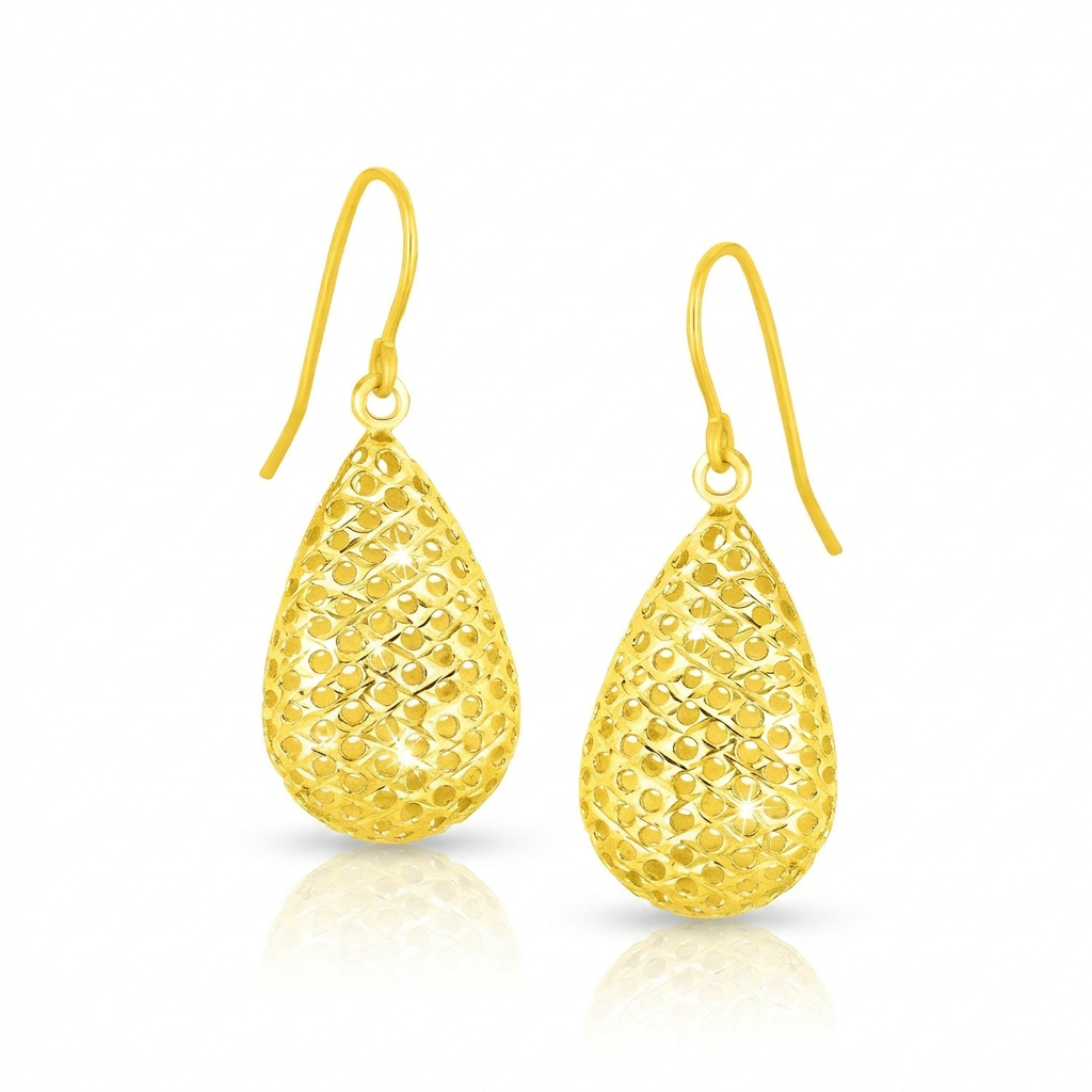 14k Yellow Gold Honeycomb Texture Large Teardrop Drop Earrings DestGlow