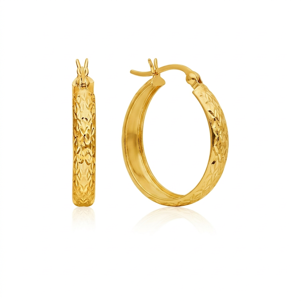 14k Yellow Gold Hammered Oval Hoop Earrings DestGlow