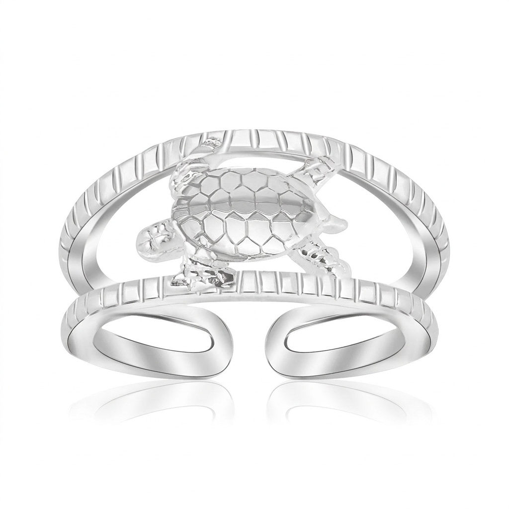 Sterling Silver Rhodium Plated Open Toe Ring with a Turtle Accent DestGlow