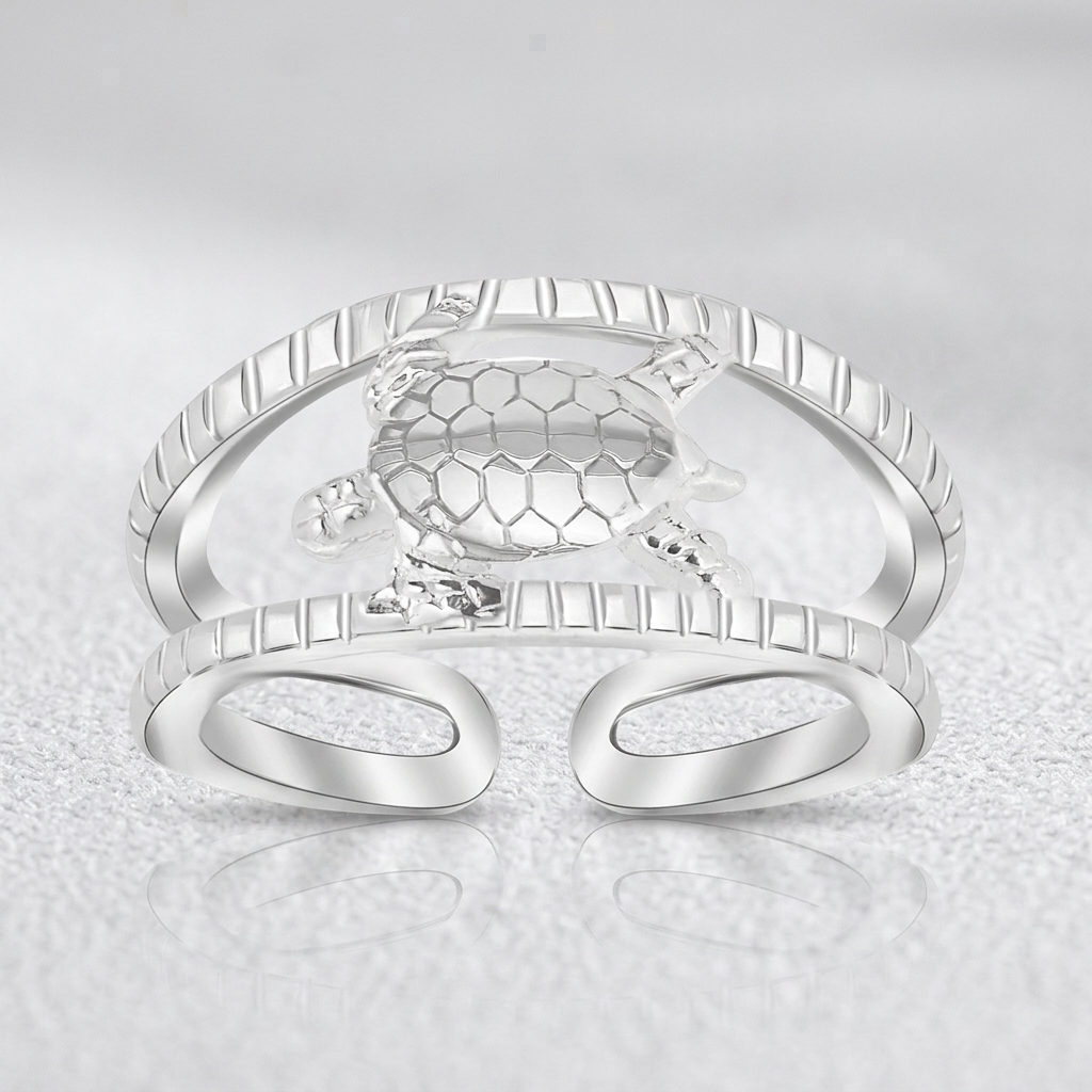 Sterling Silver Rhodium Plated Open Toe Ring with a Turtle Accent