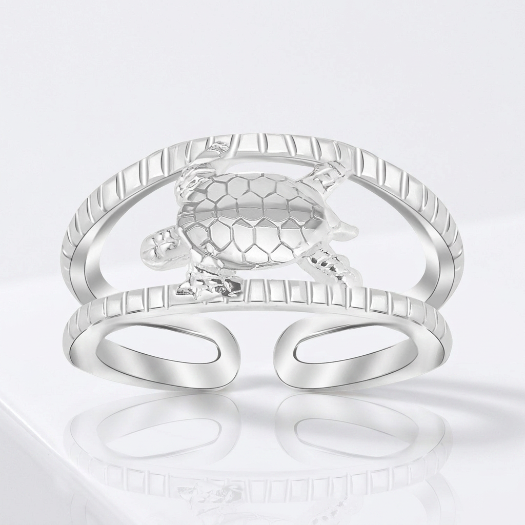 Sterling Silver Rhodium Plated Open Toe Ring with a Turtle Accent