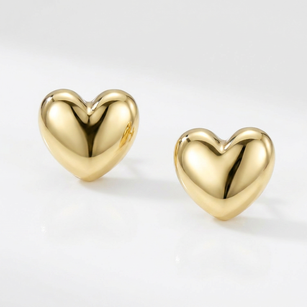 14k Yellow Gold Puffed Heart Shape Shiny Earrings DestGlow