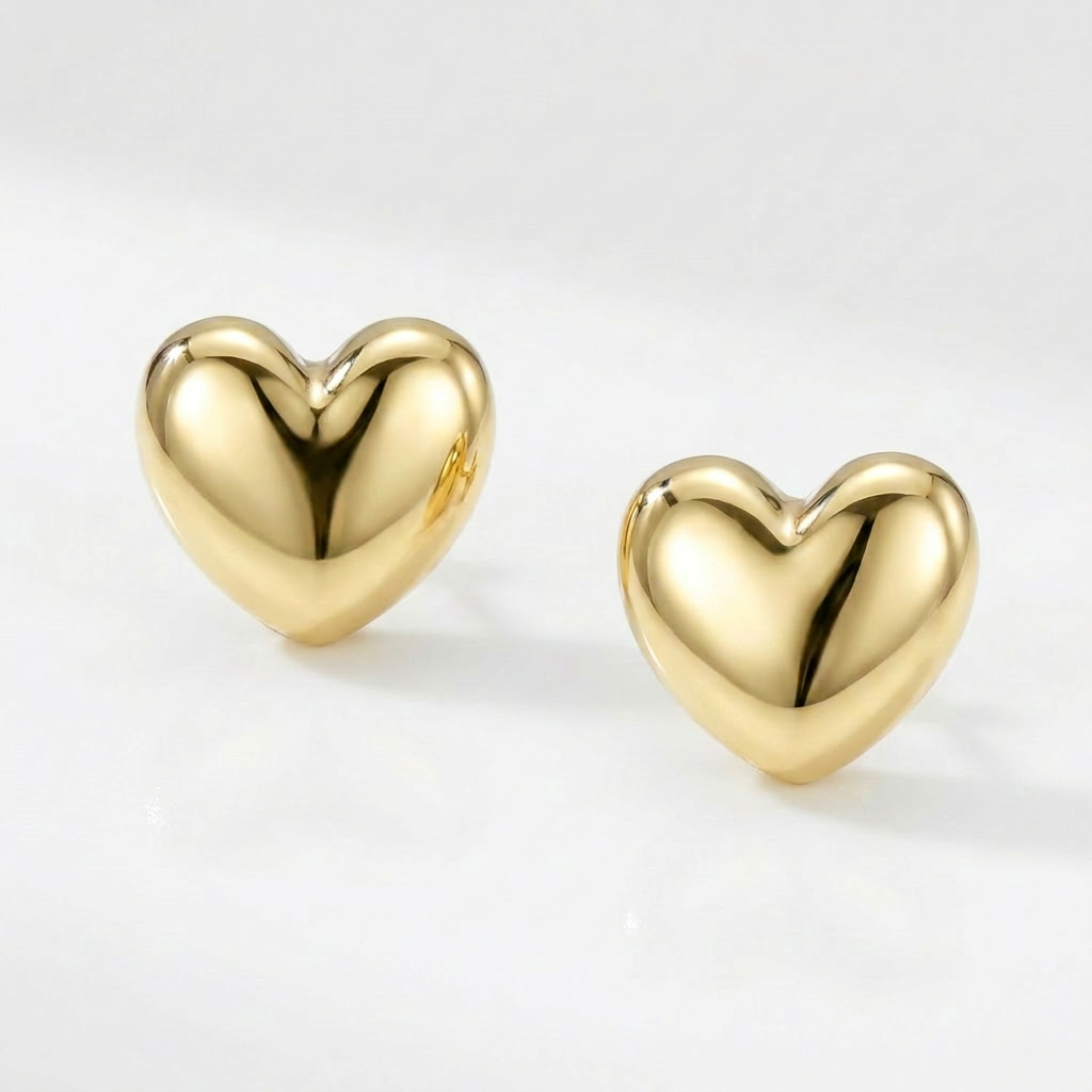 14k Yellow Gold Puffed Heart Shape Shiny Earrings DestGlow