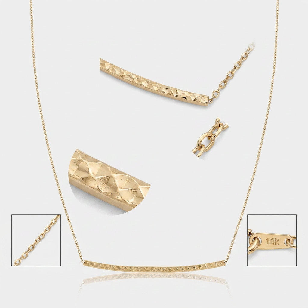 14k Yellow Gold Thin Textured Bar Necklace DestGlow