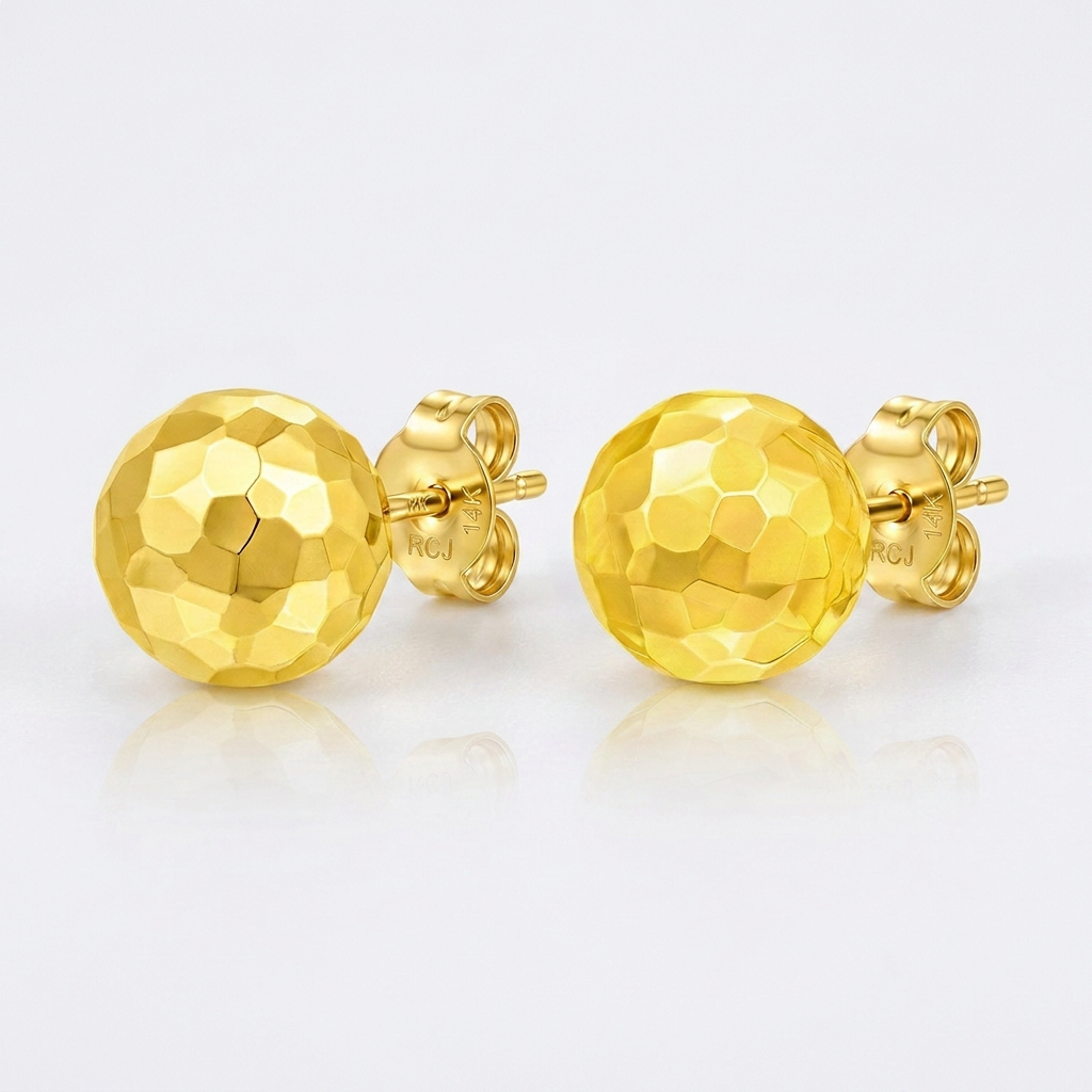 14k Yellow Gold Round Faceted Style Stud Earrings DestGlow