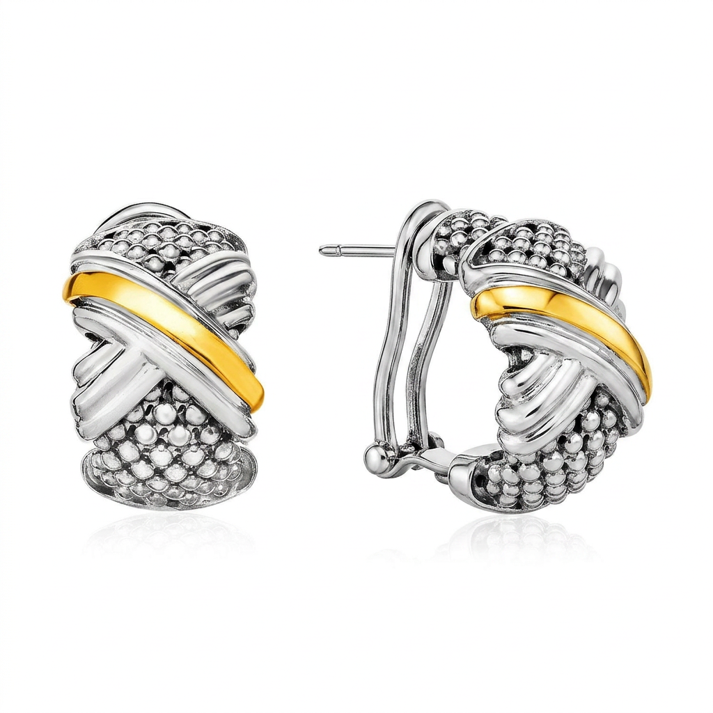 Popcorn Texture Earrings with X Motif in Sterling Silver and 18k Yellow Gold