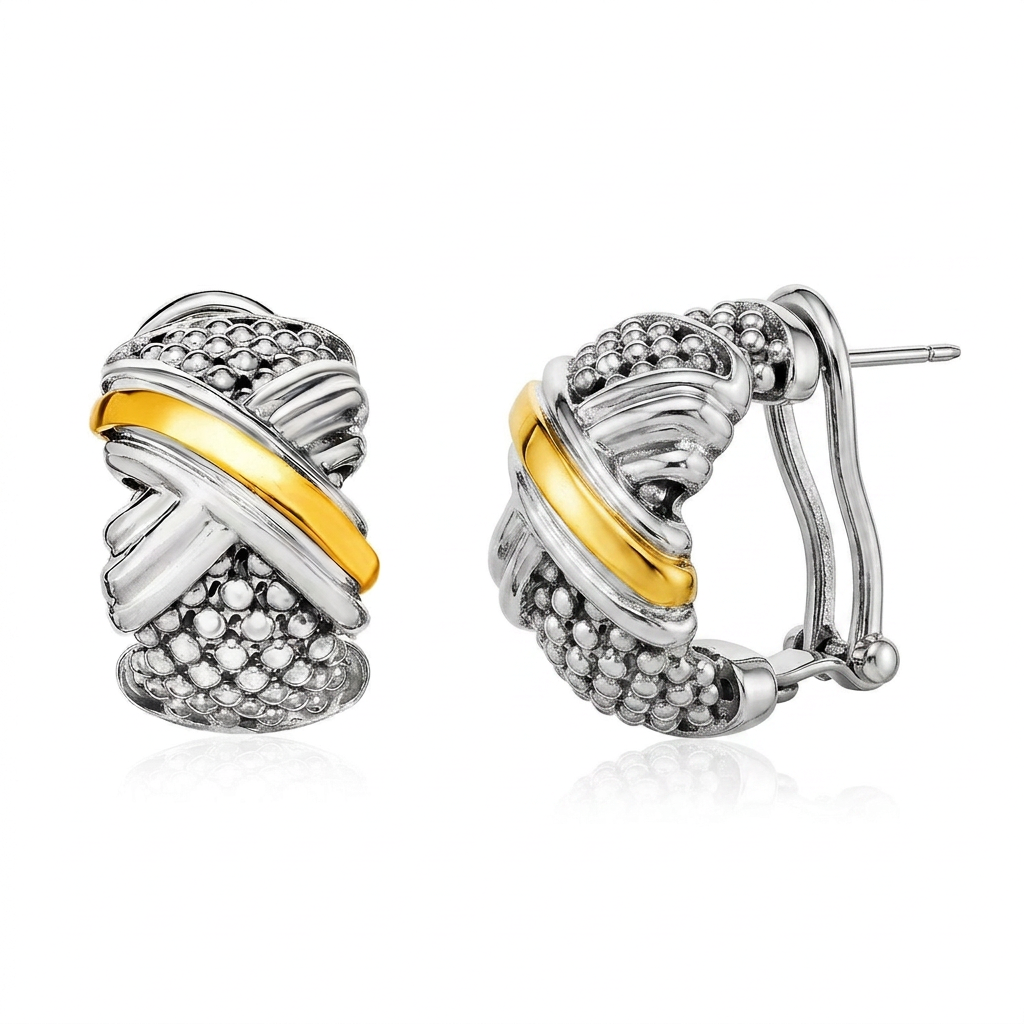 Popcorn Texture Earrings with X Motif in Sterling Silver and 18k Yellow Gold
