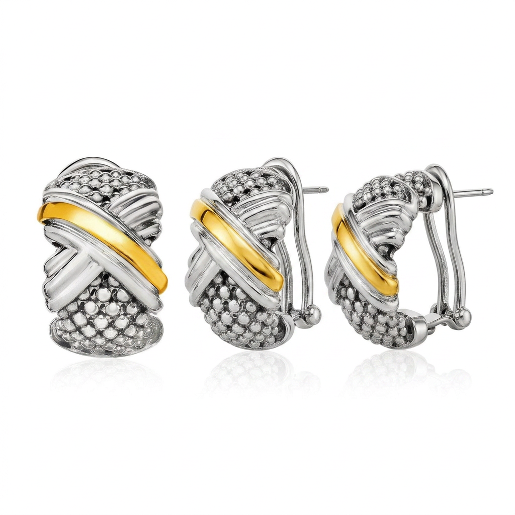 Popcorn Texture Earrings with X Motif in Sterling Silver and 18k Yellow Gold