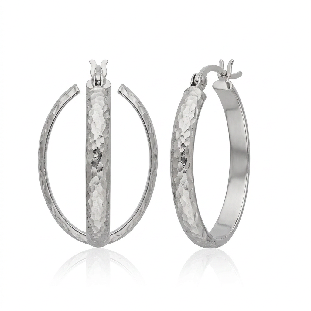 10k White Gold Hammered Oval Hoop Earrings