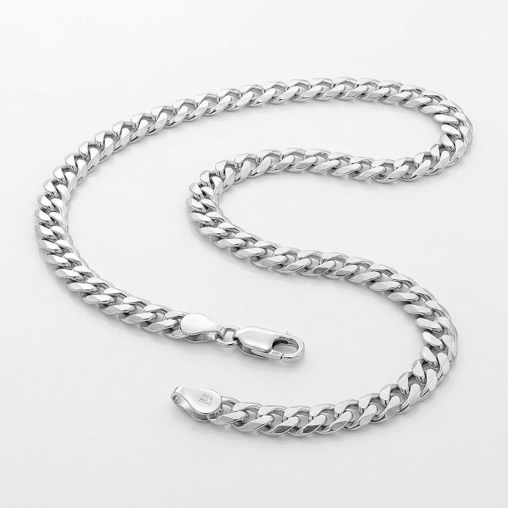 Rhodium Plated 5.6mm Sterling Silver Curb Style Chain