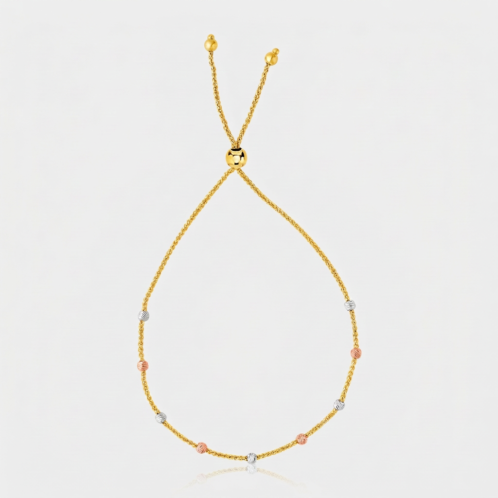 14k Tri-Color Gold Textured Bead Station Lariat Bracelet