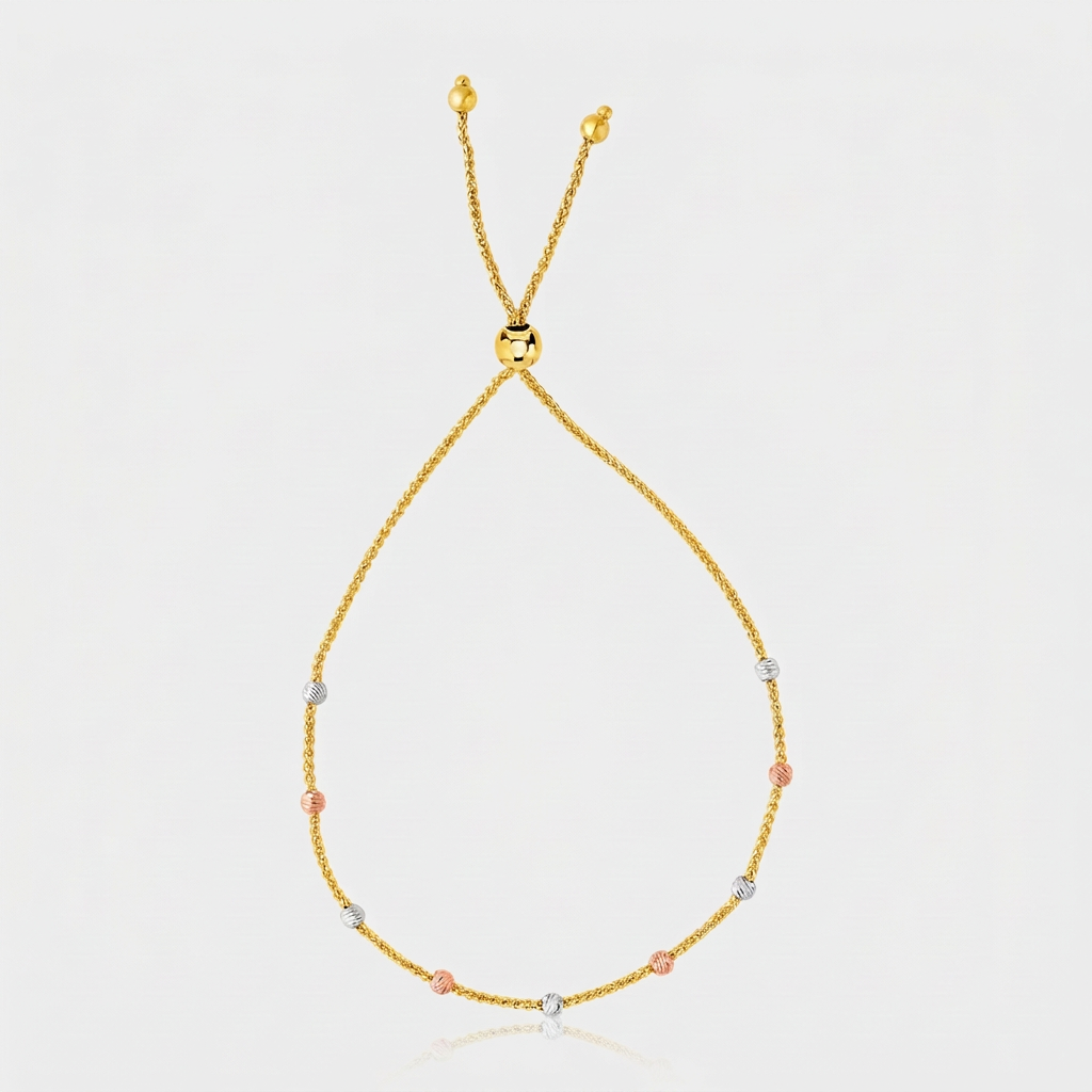 14k Tri-Color Gold Textured Bead Station Lariat Bracelet