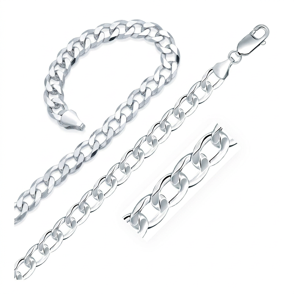 Rhodium Plated 7.9mm Sterling Silver Curb Style Chain