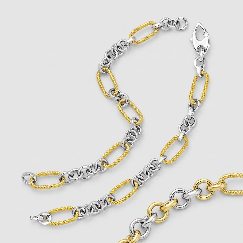 14k Two-Tone Gold Bracelet with Cable Textured Oval and Round Links DestGlow