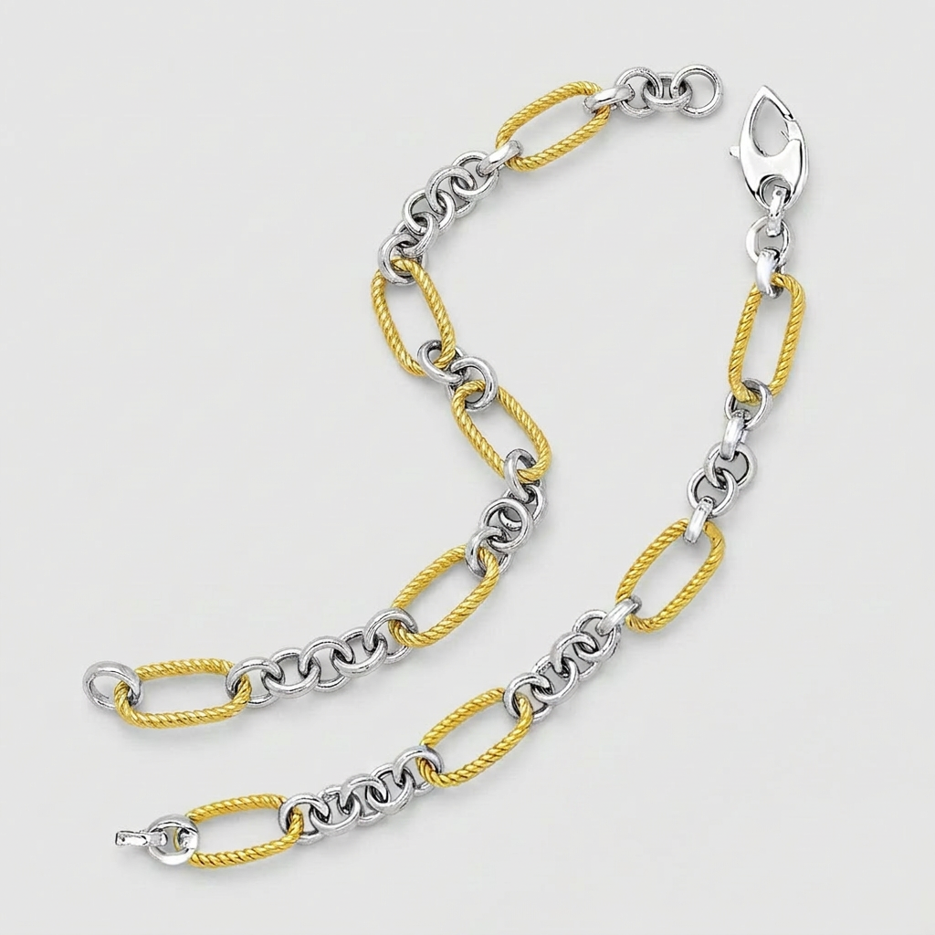 14k Two-Tone Gold Bracelet with Cable Textured Oval and Round Links