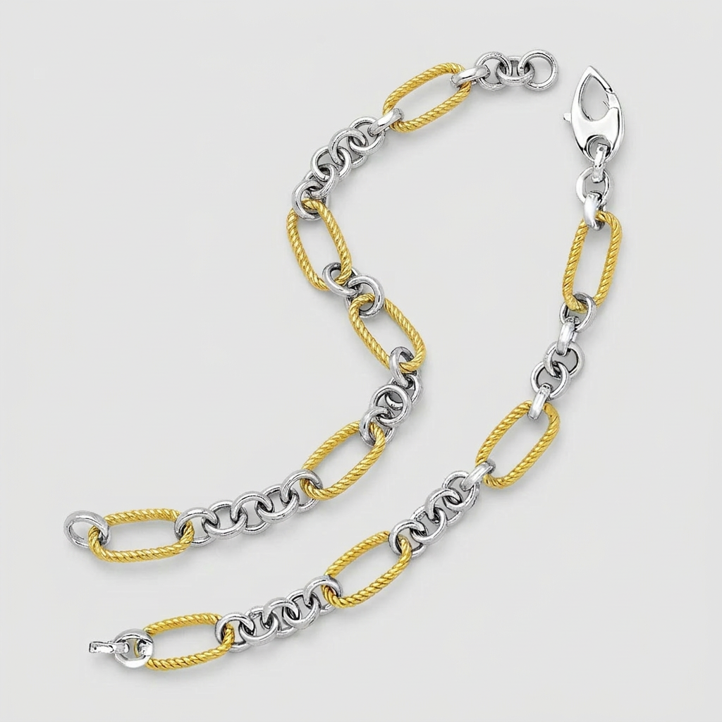 14k Two-Tone Gold Bracelet with Cable Textured Oval and Round Links