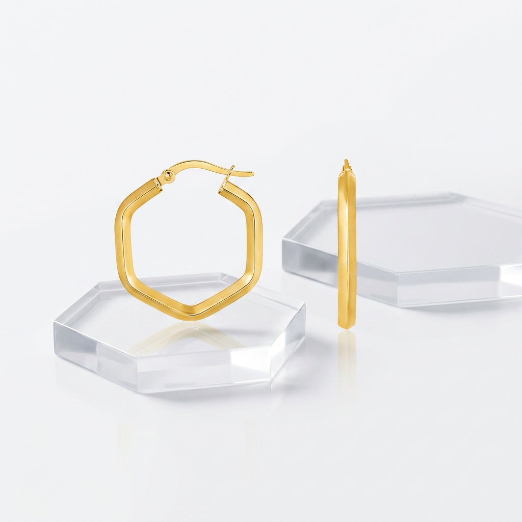 14k Yellow Gold Shiny Hexagon Hoop Earrings DestGlow