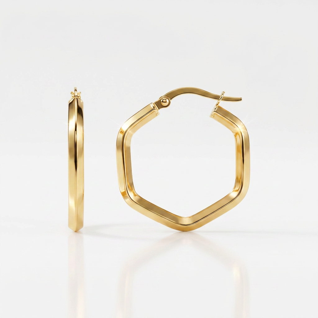 14k Yellow Gold Shiny Hexagon Hoop Earrings