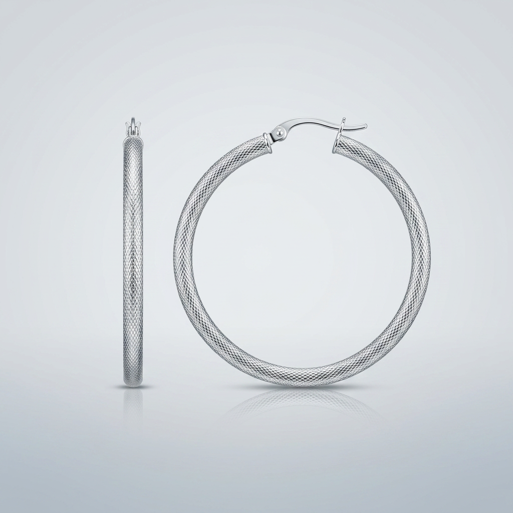 Sterling Silver Large Textured Round Hoop Earrings