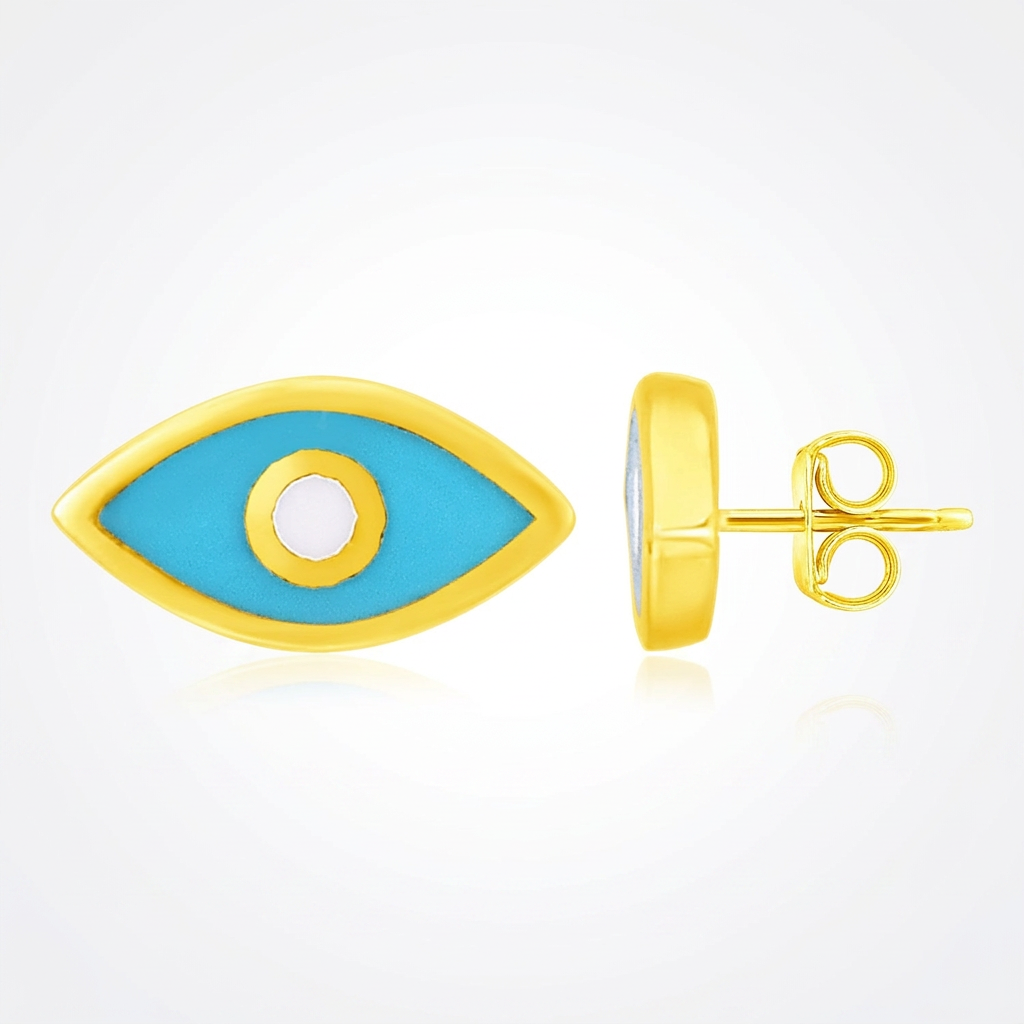 14K Yellow Gold Blue Evil Eye Earrings with Enamel