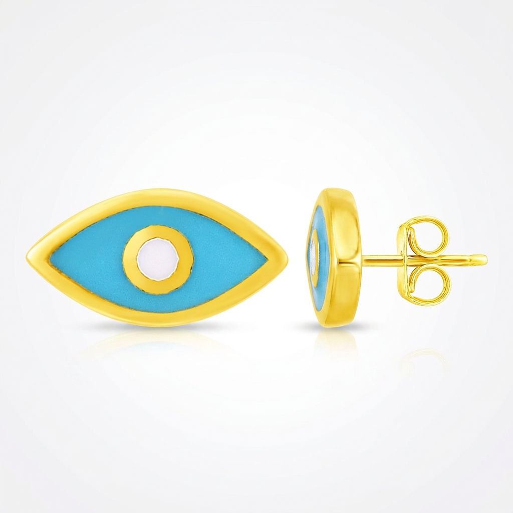 14K Yellow Gold Blue Evil Eye Earrings with Enamel