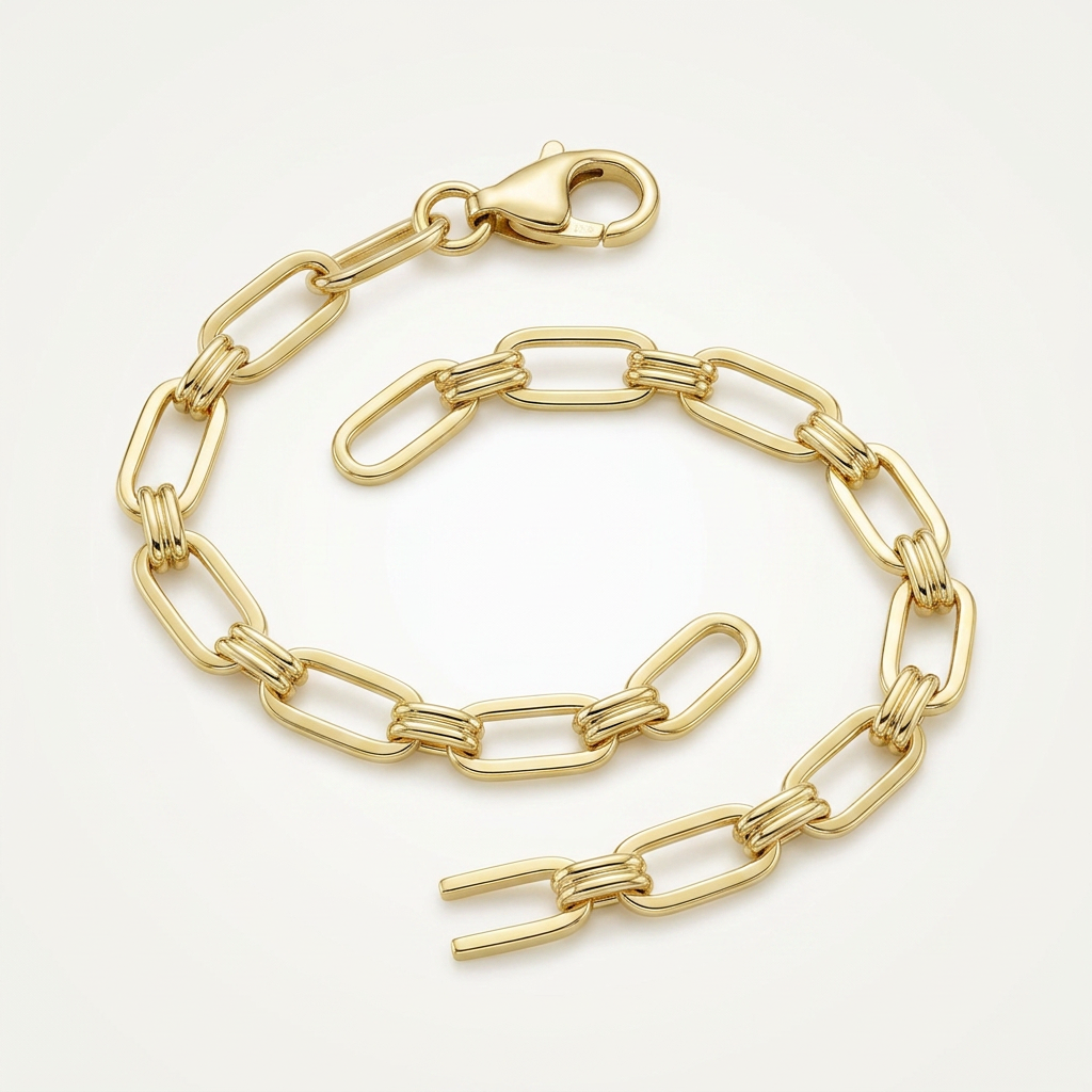 14k Yellow Gold High Polish Paperclip Rondel Link Chain Bracelet