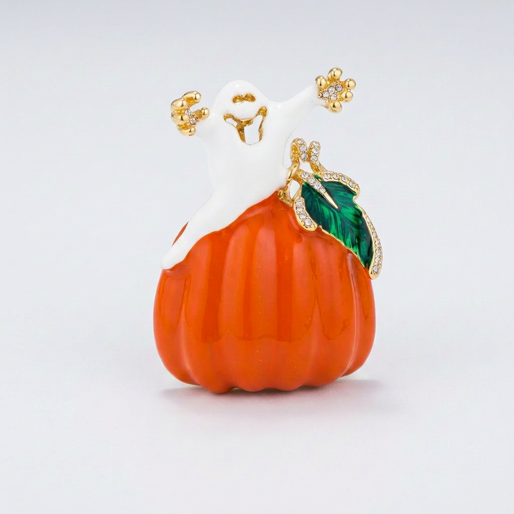 Pumpkin And Ghost Brooch With Crystals