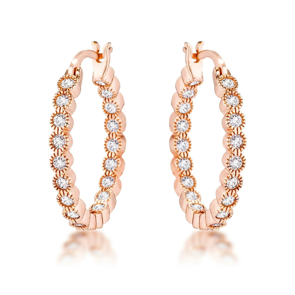 Avera Dotted CZ Round Bezel Hoop Earrings in Pink DestGlow